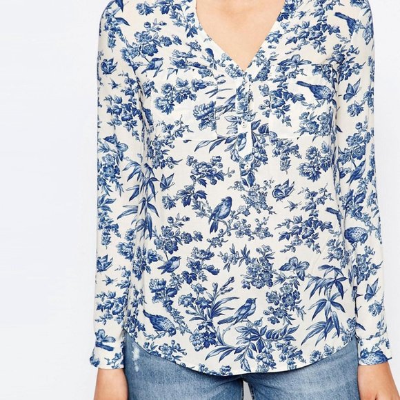 Oasis Tops - Oasis Floral Bird Print blue and white shirt
